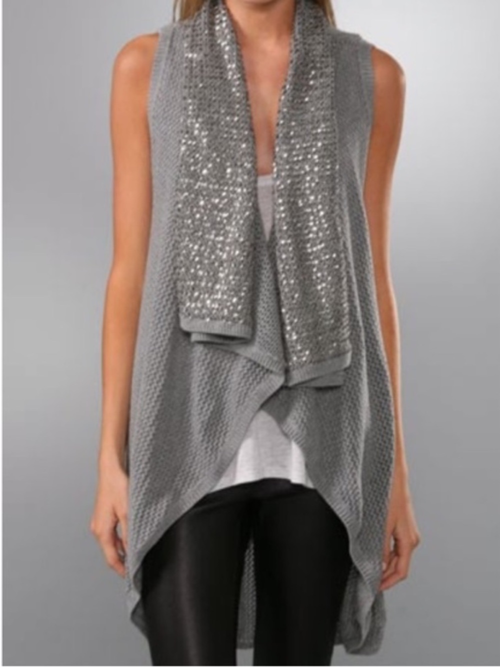 Alice + Olivia Grey Sequin Knit Vest Open Front Draped Medium
